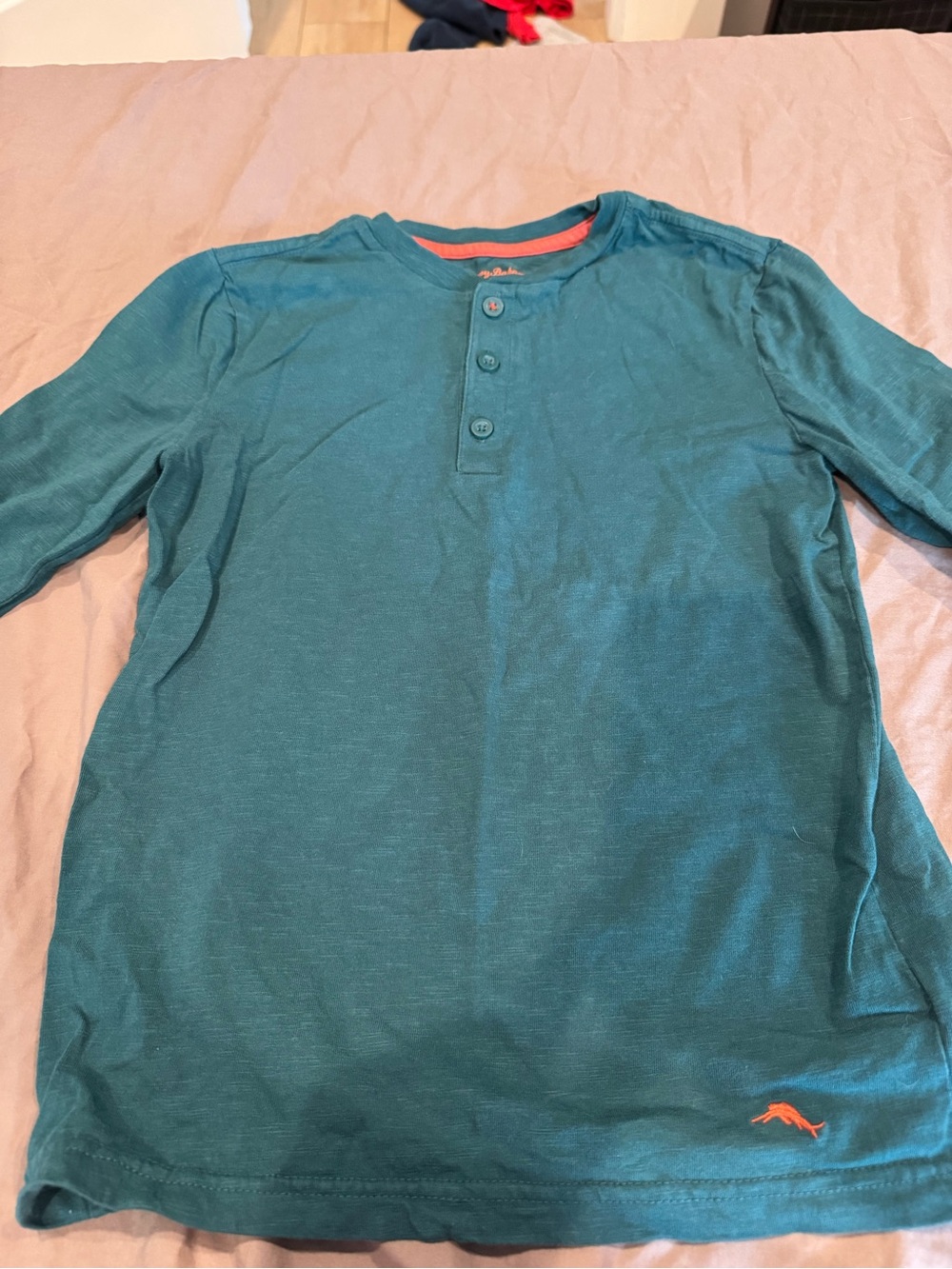 Tommy Bahama Teal Long-Sleeve Henley with Coral Trim